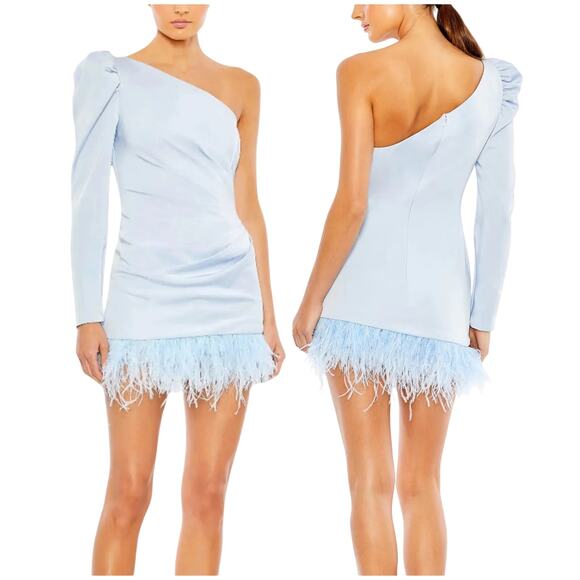 Mac Duggal Dresses & Skirts - Mac Duggal NWT Feather Trim One Shoulder Draped Mini Dress Powder Blue Size 8